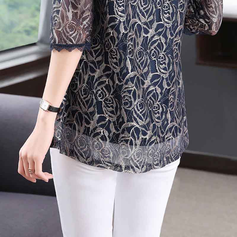 Three-quarter Sleeve Lace Bottoming Shirt Women's Mid-length Mid-sleeve Large Size Hollow Loose Mesh Top