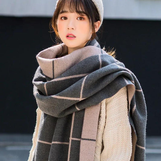 Winter Imitation Cashmere Scarf Korean Fashion Fringed Plaid Scarf Women's Dual-use Lengthened Thick Shawl Scarf