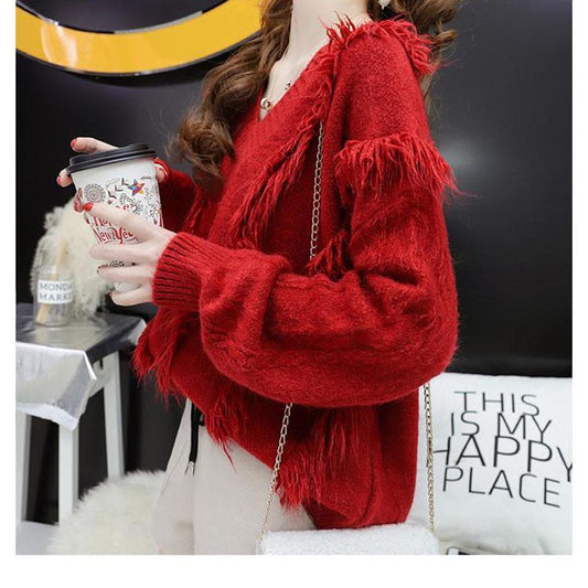 Sweater Women Red Loose Lazy Style V-neck Sweater Young Women Solid Color Fashion Top