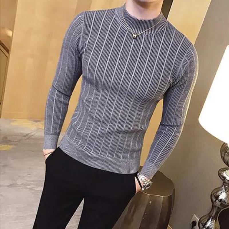 Half Turtleneck Sweater Men's Long-sleeved Sweater Korean Version of Slim High-neck Striped Sweater Men's Bottoming Shirt