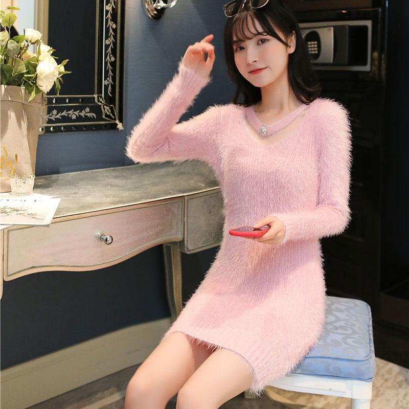 Autumn and Winter Mohair V-neck Sweater Pullover Mid-length Slim Top Solid Color Sexy Female Sweater Dress