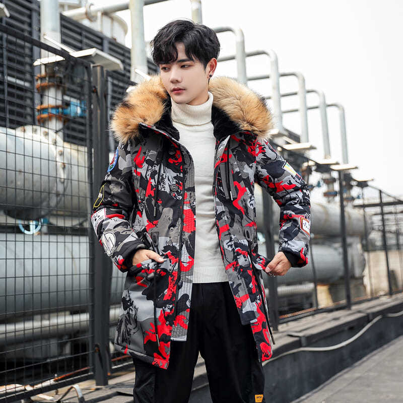 Men's Cotton-padded Jacket Mid-length Hooded Thick Coat Winter Korean Version of The Trend of Casual Large Fur Collar Camouflage Embroidered Coat