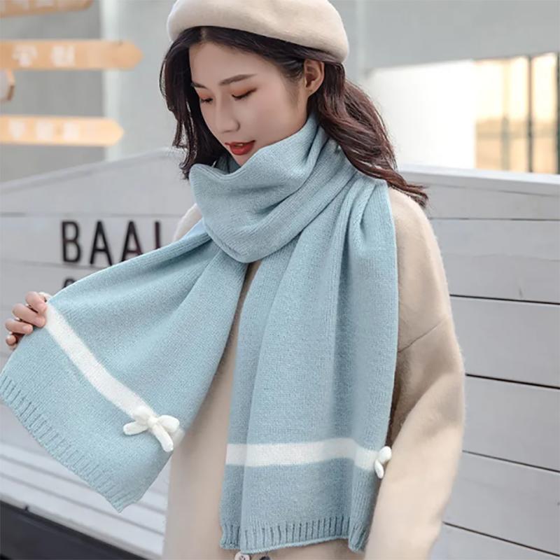 Wool Knitted Scarf Female Autumn and Winter Korean Style Warmth Striped Bow Student Wool Scarf