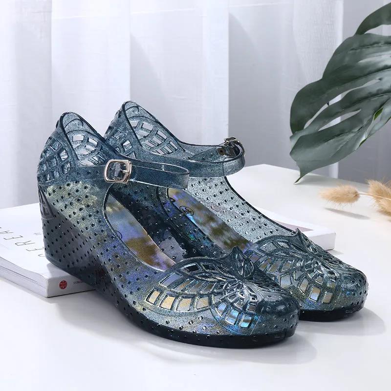 Crystal Sandals Women's Summer Transparent Beach Shoes Mid-heel Wedge with A Word Buckle Hollow Non-slip Hole Shoes