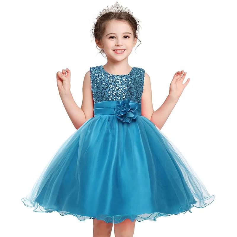 European and American Girls Fluffy Dress with Sequined Flower Long Skirt Princess Birthday Party Noble Dress