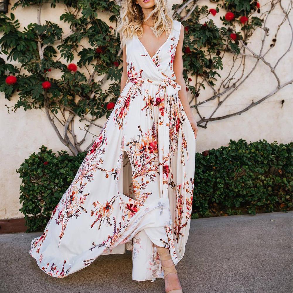 2019 Women Sexy Deep V Neck Floral Print Long Maxi Dress Beach Sleeveless Boho Dress