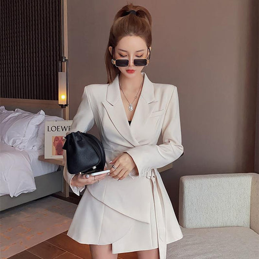 Temperament Fake Two-piece Lace-up Waist Slim Personality Suit Dress Female Autumn Korean Style Long Sleeves