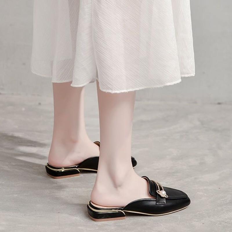 Soft Leather Baotou Half Slippers Women's Wild Half Toe Single Shoes Women's Fashion Lazy Mules