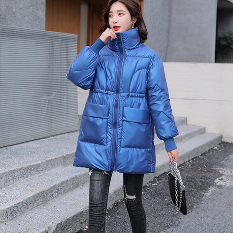 Women's Shiny Mid-length Down Jacket Winter Korean Style Loose Coat Warm Stand-collar Down Jacket