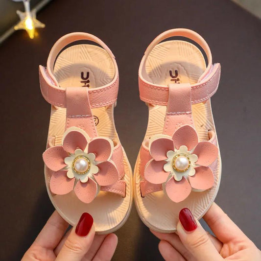 Summer Girl's Sandals Big Girls' Soft Sole Light Beach Sandals Anti-slip Flower Decoration Princess Flat Sandals