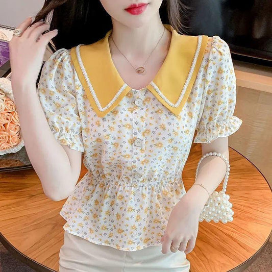 Contrast Color Doll Collar Short-sleeved Floral Shirt Women's Summer Dress Waist Short Shirt Top Trendy