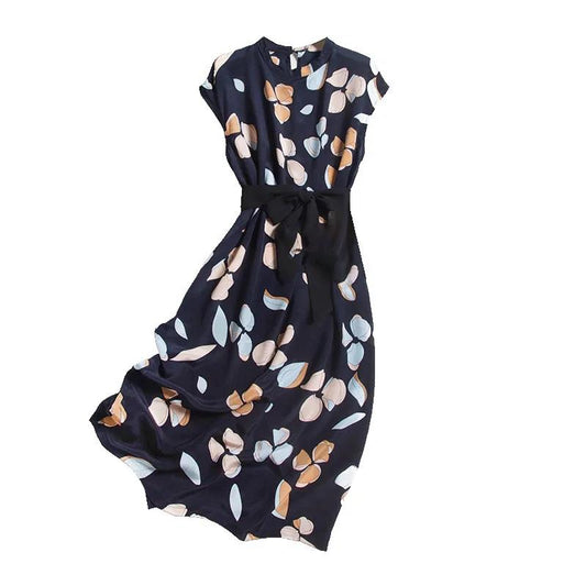 Dress  Women's Clothing Printed Long A-line Dress with Stand-up Collar and Short-sleeved Dress with Belt