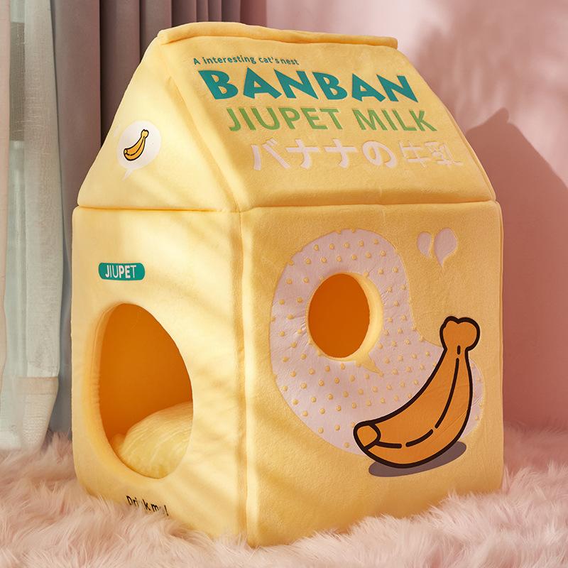 Foldable Cute Pet Cat Bed House Strawberry Banana Milk Box Cat House Winter Warm Plush Soft Cave Cat Kitten Kennel Pet Supplies