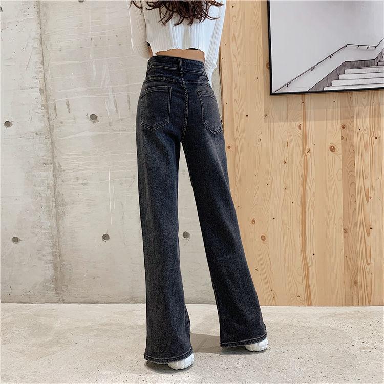 WTEMPO Split Jeans Women's High Loose Casual Washed Denim Straight Long Wide Leg Pants