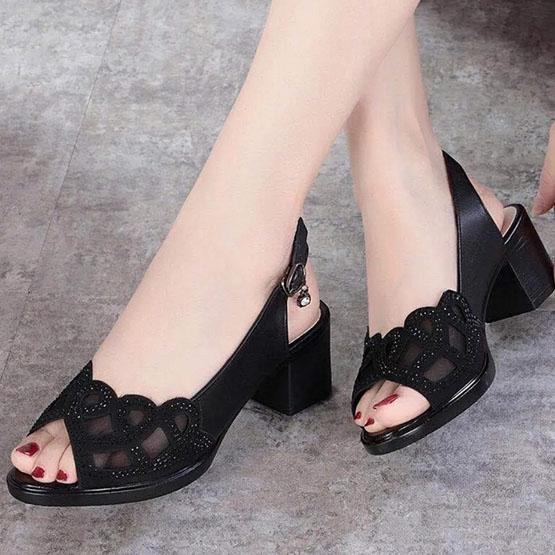 Women's Sandals Real Soft Leather Summer Mesh Fish Mouth Shoes Thick Heel Mid-heel Hollow Soft Sole Shoes