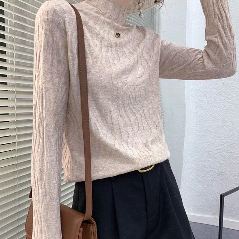 Autumn Winter Women Stretch Pleated Slim Knit Sweater All-match Thin Bottoming Shirt Top High Neck Pullover Jumper