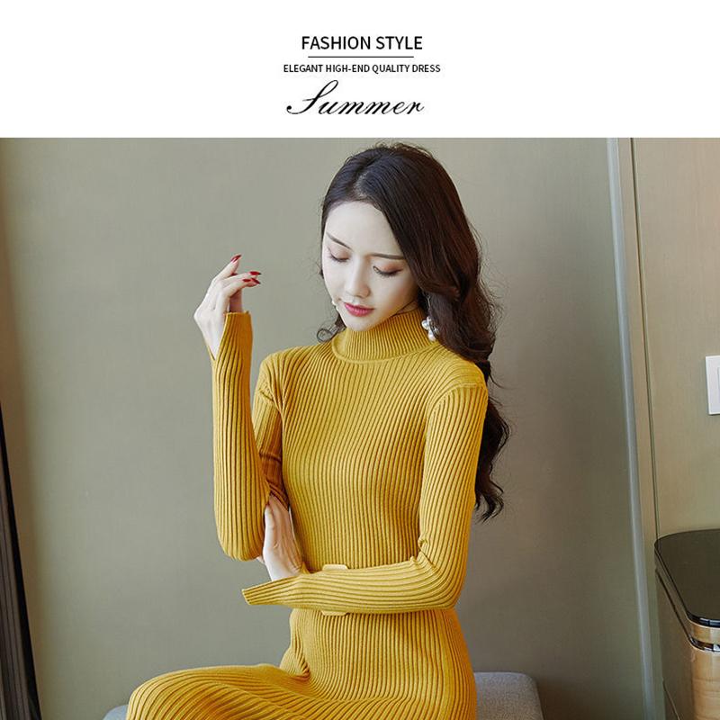 Fashion Slim Dress Winter Long Sleeve Half High Neck Buttoned Knit Sweater Mid-length Thin Dress