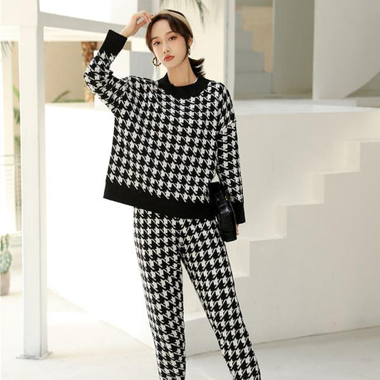 2pcs/set Women Knitted Tracksuit Houndstooth High Neck Sweater + Carrot Jogging Pants Pullover Sweater Set CHIC Knitted Outwear