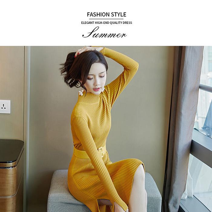 Fashion Slim Dress Winter Long Sleeve Half High Neck Buttoned Knit Sweater Mid-length Thin Dress