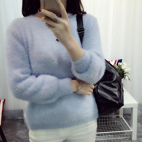 Autumn and Winter Round Neck Short Top Loose Pullover Solid Color Long-haired Sweater Thick Mohair Bottoming Shirt