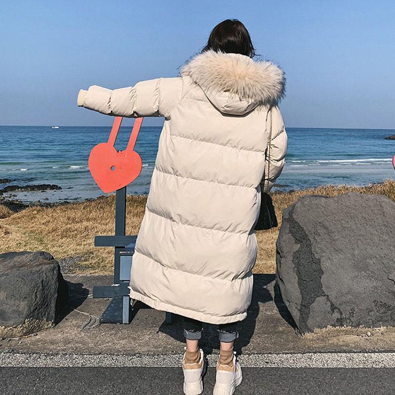 Winter Mid-length Loose Down Cotton Jacket Ins Style Big Fur Collar Over The Knee Coat Pure Color Simple Female Cotton Jacket