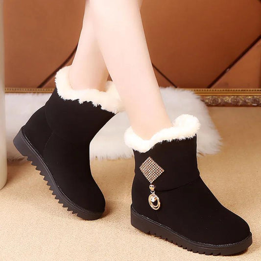 Winter Snow Boots Women's Short Boots Plus Velvet Thick Short Cotton Shoes Rhinestones