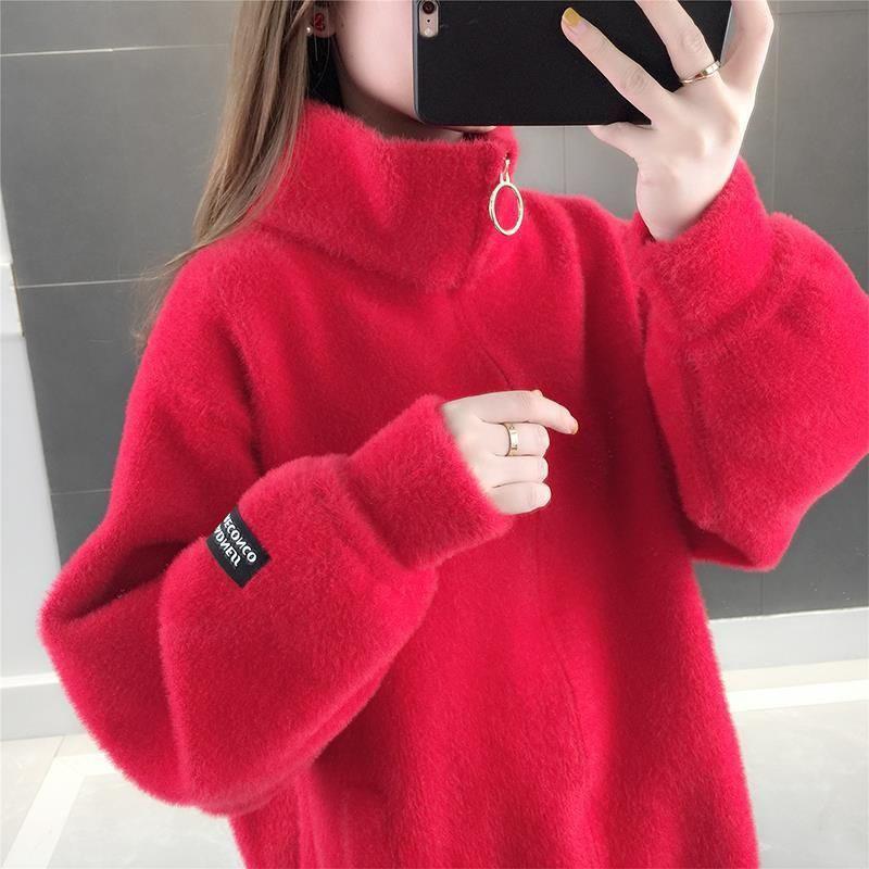 Autumn and Winter Mohair Loose Coat Short Knit Cardigan Tops Solid Color High Neck Women's Coat