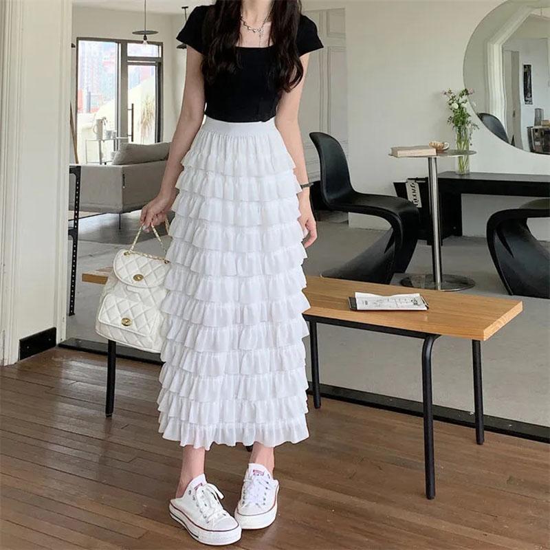 Women Tiered Skirts Summer Elegant Chiffon A-line Layered Skirt Female Elastic High Waist Preppy Style Dancing Long Skirts