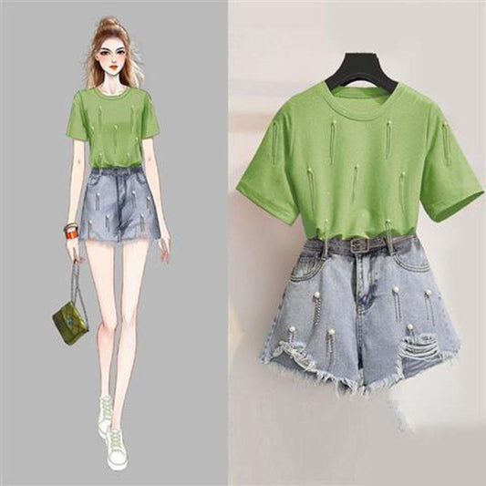 Fashion Women's Denim Shorts Set Summer T-Shirt Ripped Shorts Two-Pieces Sets Loose T-shirt Set