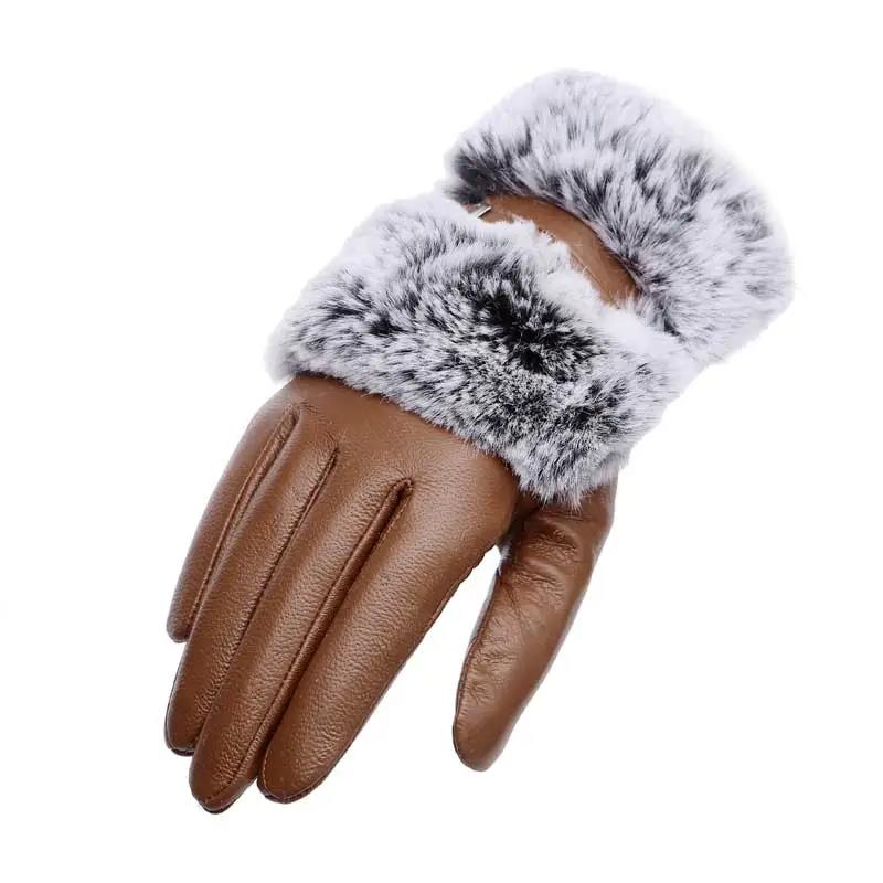 Genuine Leather Ladies Gloves for Autumn and Winter Riding Warm Rex Rabbit Fur Plus Suede Leather Gloves