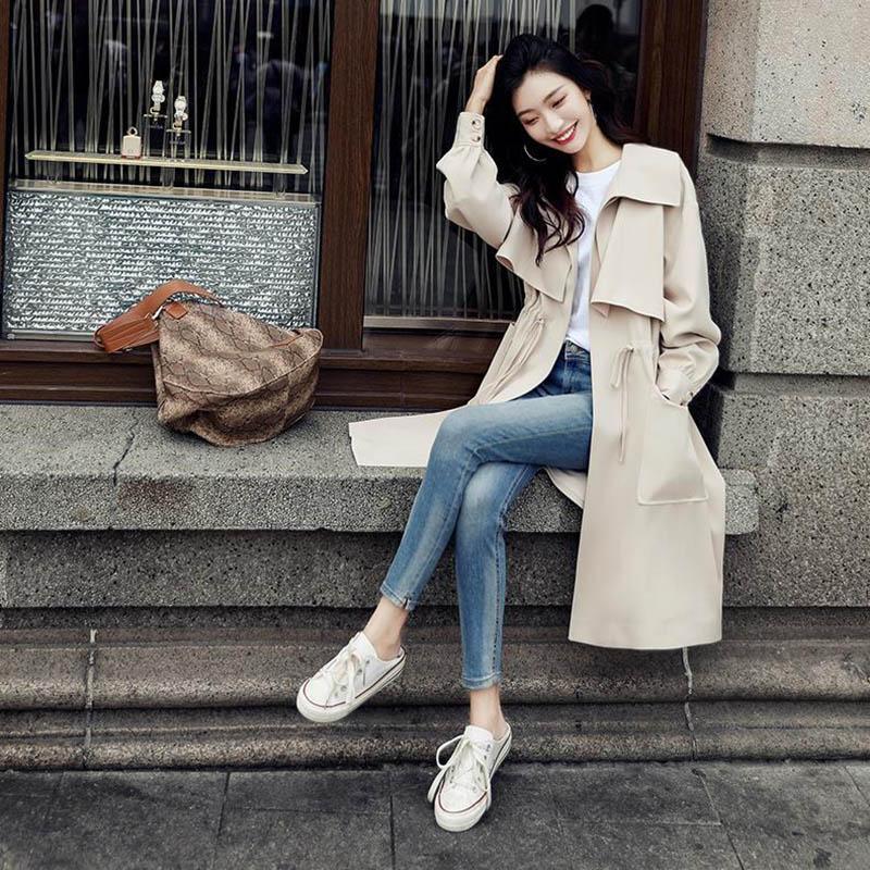 Lining Spring and Autumn Fashion Thin Section British Style Coat Waist Was Thinner Mid-length Women's Windbreaker