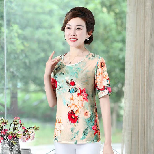 Ice Silk Fabric Printing Large Size Casual Women's Summer Short-sleeved Tops Women's Summer Loose Cover Belly Was Thin