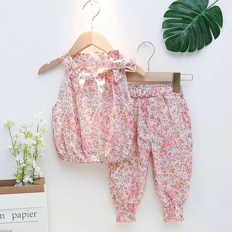 Children's Suit Summer Thin Korean Style Loose Print Broken Flower Girls Suspender Shorts Ventilation Two Piece Set