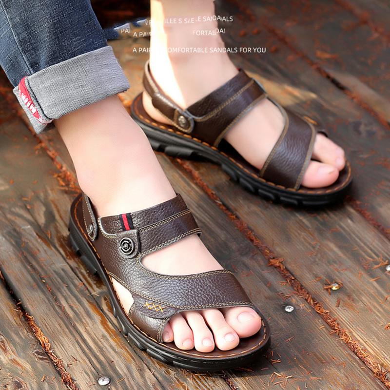 Summer Breathable Cowhide Beach Shoes Soft Sole Casual Wear Men's Sandals Leather Dual-use Sandals Slippers