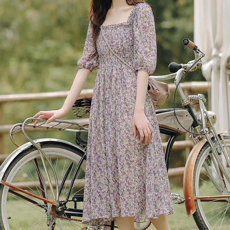 Female Vintage High Waist Super Fairy Holiday Dress Elegant Slim Chiffon Floral Print Pleated Dress