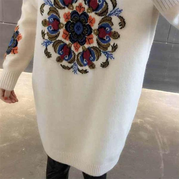 Women's Autumn and Winter Round Neck Long Sweater Solid Color Loose Bottomed Pullover Warm Jacquard National Style Sweater