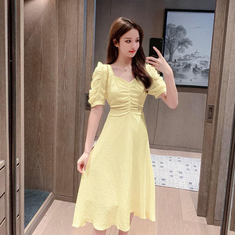 Female Simple Slim Puff Sleeve Dress Chiffon Shows Thin V-neck Soft Elegant Medium Length Party Dress