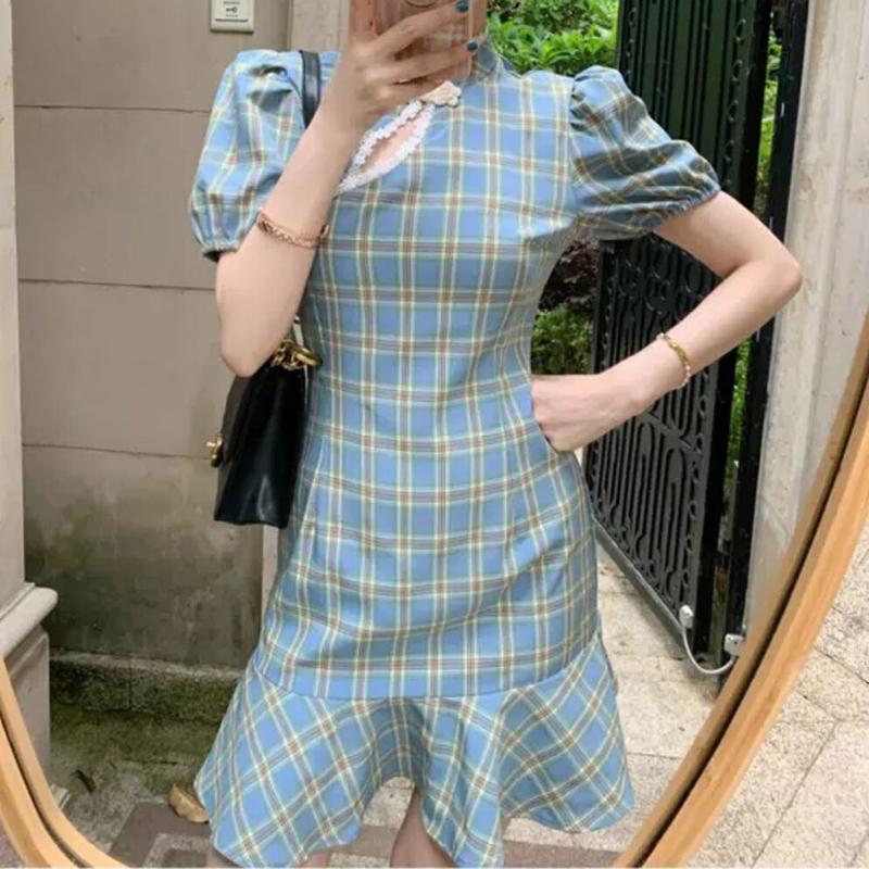 Improved Version of Cheongsam Female Summer Puff Sleeve Retro Plaid Dress with Waist and Thin Temperament Chinese Style