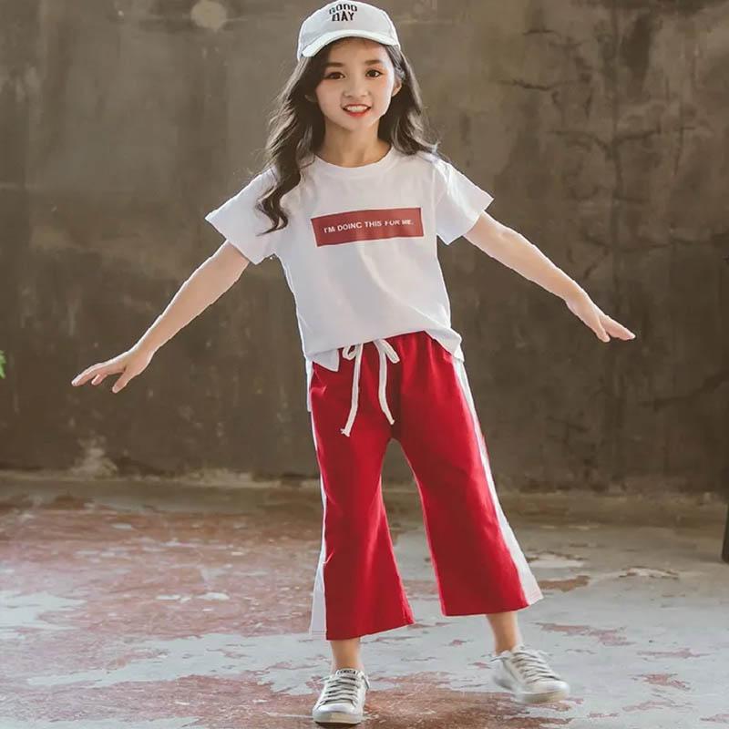 Girls Summer Breathable Thin Short-sleeved Suit Children's Loose Cropped Pants Casual Dancing Clothing Comfortable and Simple Two-piece Suit