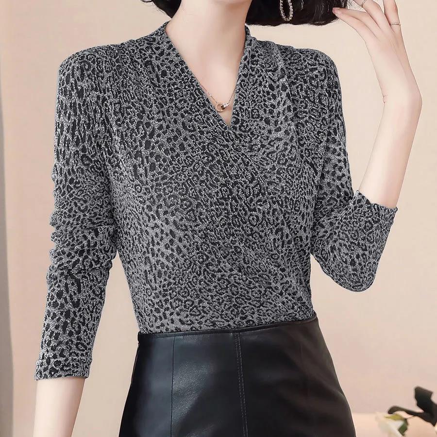 Elegant Leopard print Women Blouse Sexy V neck Office Ladies Blouses Slim Long sleeve Spring Fall Female Party Tops Pullover