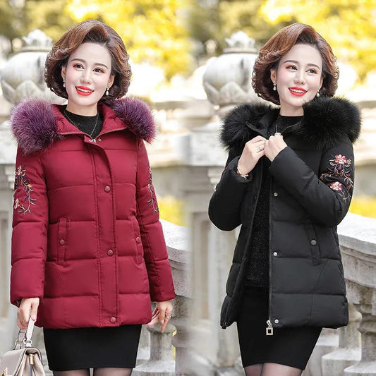 Winter Down Cotton Jacket Fashion Fur Collar Hooded Mid-length Jacket Thick Warm Cotton Jacket Suitable for Middle-aged Women