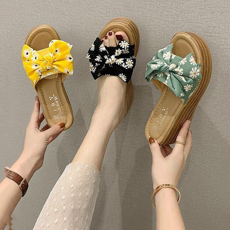 High-heeled Thick-soled Slippers Women's Summer One-word Thongs Are Thin and Heightened Bow Beach Sandals and Slippers