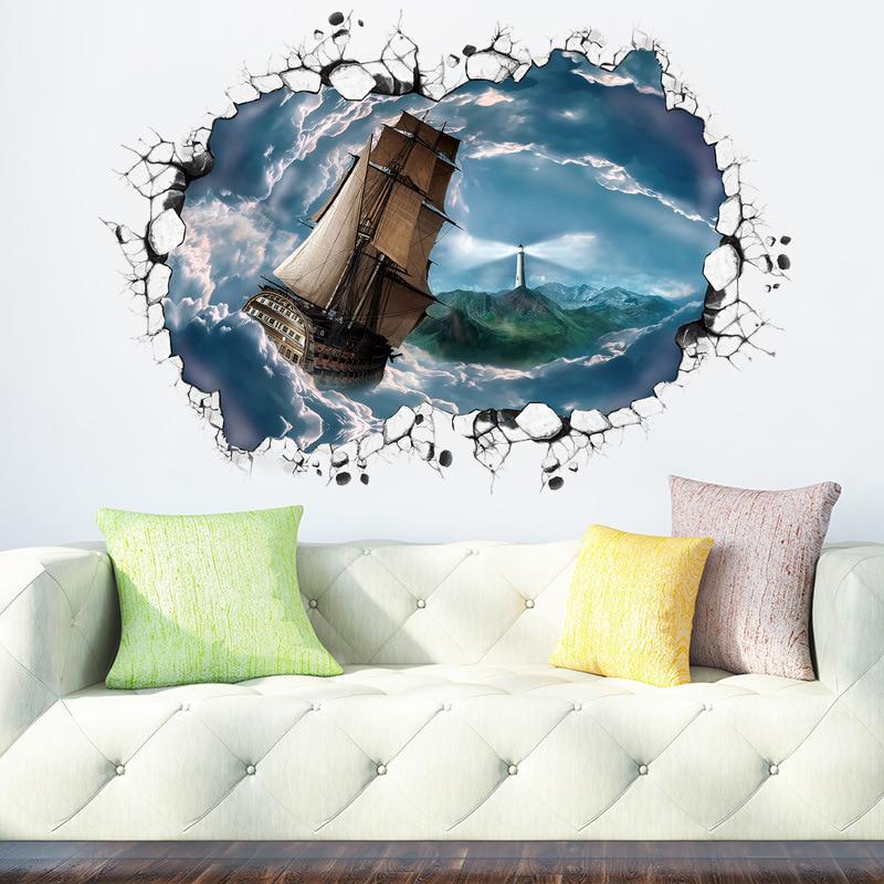 Big Sailboat Wall Stickers 3d View Sea Wallpapers Office Decoration Pvc Wall Decals /Adhesive For So