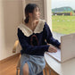 Autumn  Winter Fashion Plaid Bow-knot Long-sleeved Solid Color Pullover Blouse Loose Sweater Casual Women