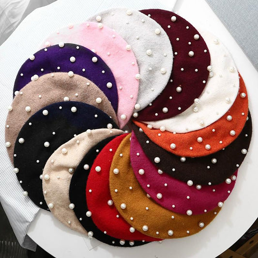 Women's Wool Beret Autumn Casual Pearl Rivet Solid Color Beret