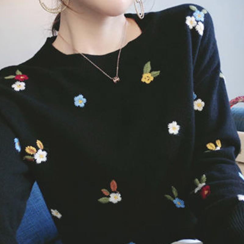 Flower Embroidery Autumn  Winter Clothes Base Knitting Inner  Outer Sweater Round Neck PulloverLong Sleeve Women