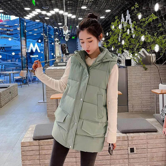 Women's Down Cotton Waistcoat Jacket, Long Waistcoat, All-match Korean Style Loose Large Size Autumn and Winter Thick Waistcoat