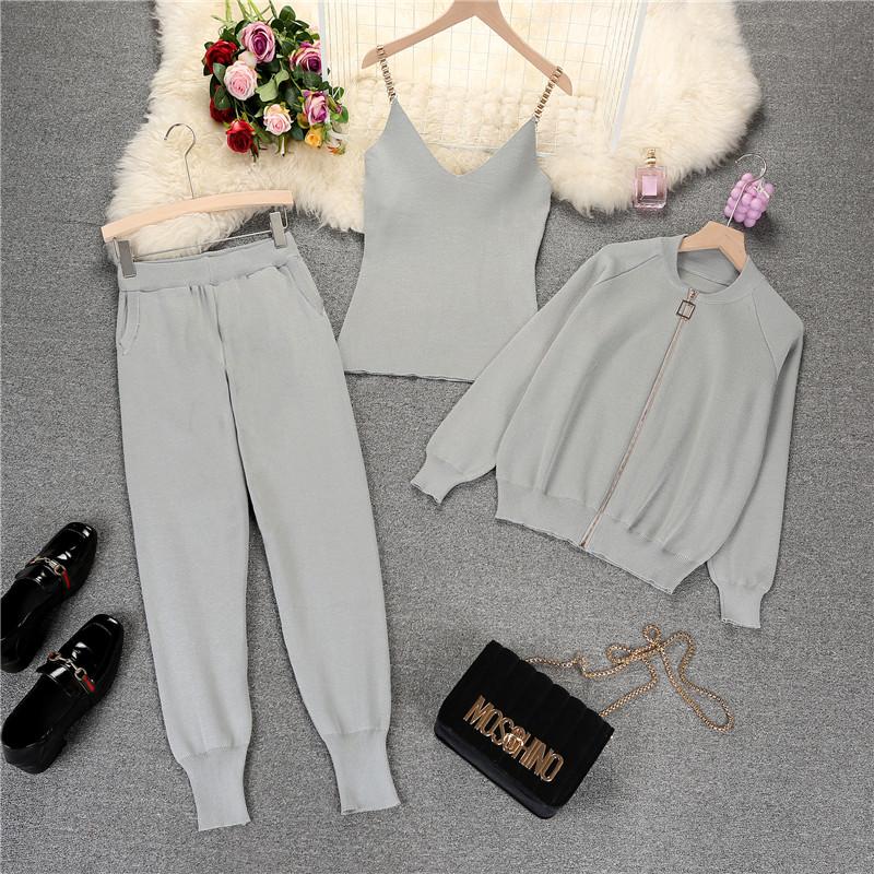 3pcs/set Knitted Sweater Suit Casual Chain Vest Knitted Jacket + Elastic Pants Three-piece Sets Women Outfits