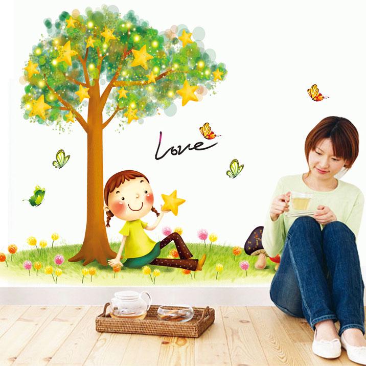 The girl under the tree the third generation removable PVC transparent film wall stickers love warm