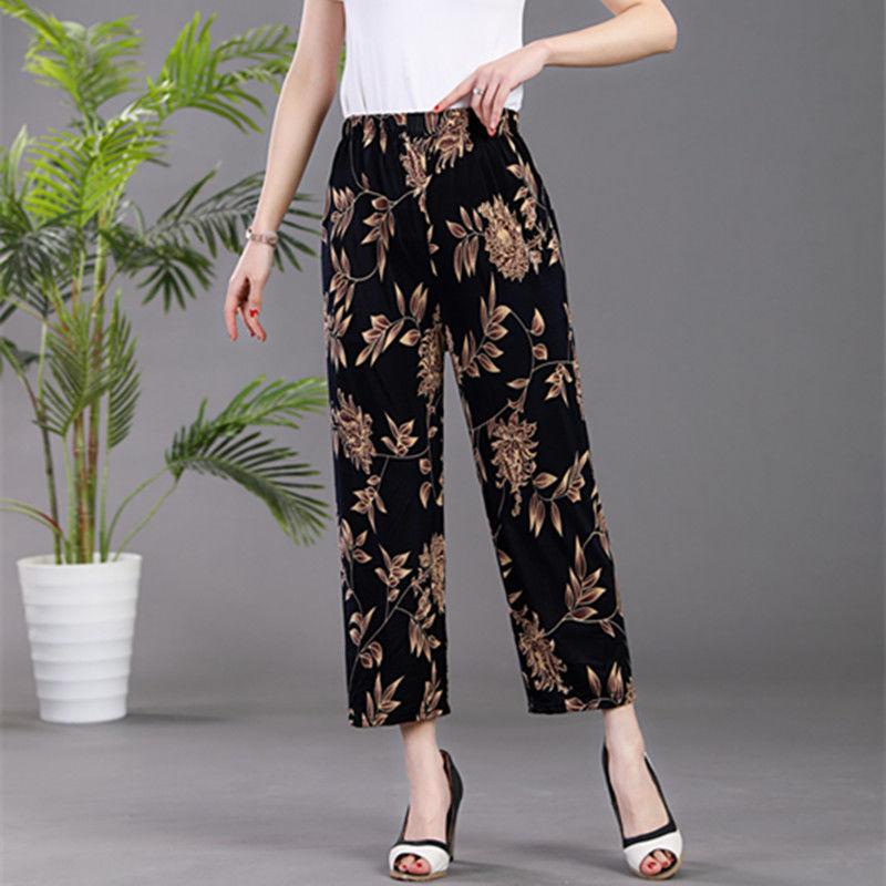 Summer Women's Ice Silk Pants Loose Large Size Flower Pants Elastic Waist Casual Cropped Pants Leggings